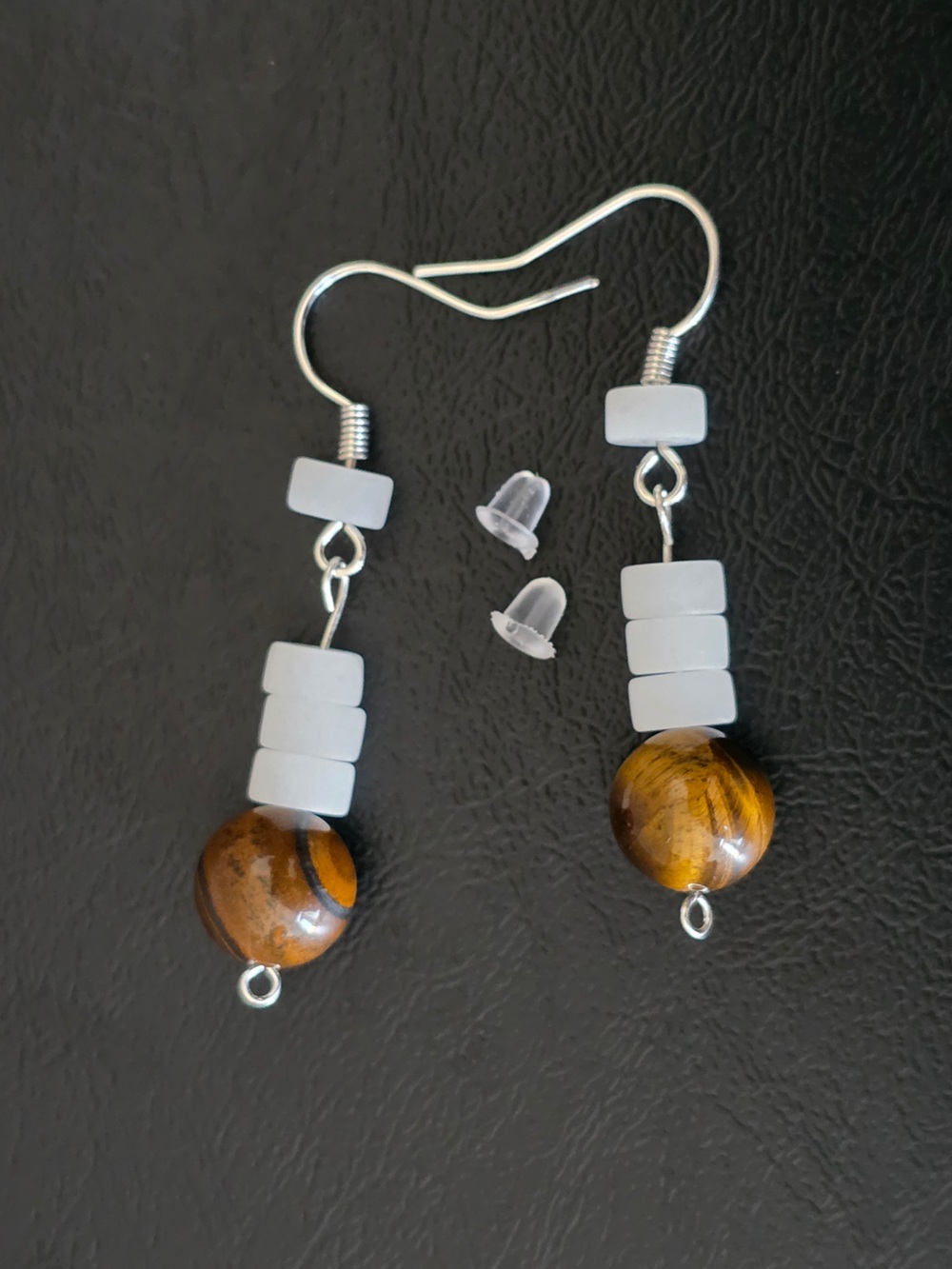 Silver Tiger Eye Bead Drop Earrings with White Accent Beads - Women Jewelry